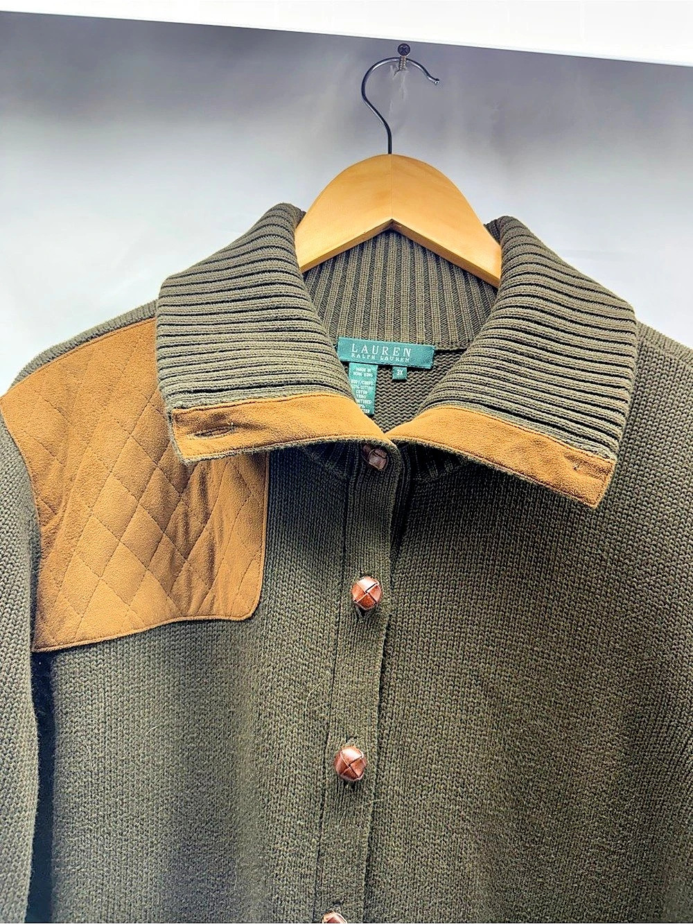Lauren Ralph Lauren Cardigan Sweater Womens 3X Olive Green Suede Elbow Patch Kni - Picture 4 of 9